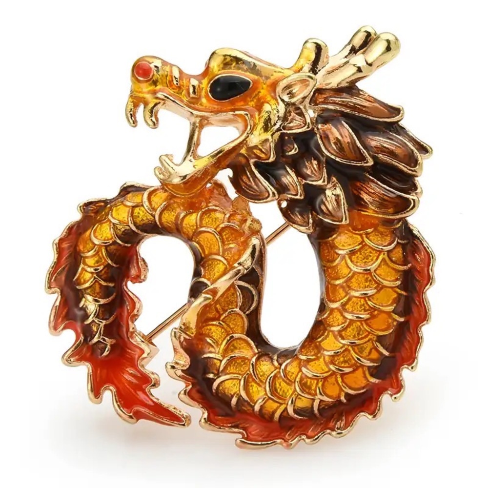 YEAR IF THE DRAGON - 
RED GOLD ENAMEL DRAGON BROOCH / PIN